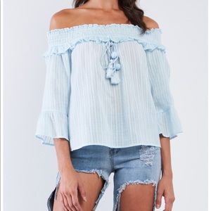 Sugarlips off the shoulder Pom Pom top